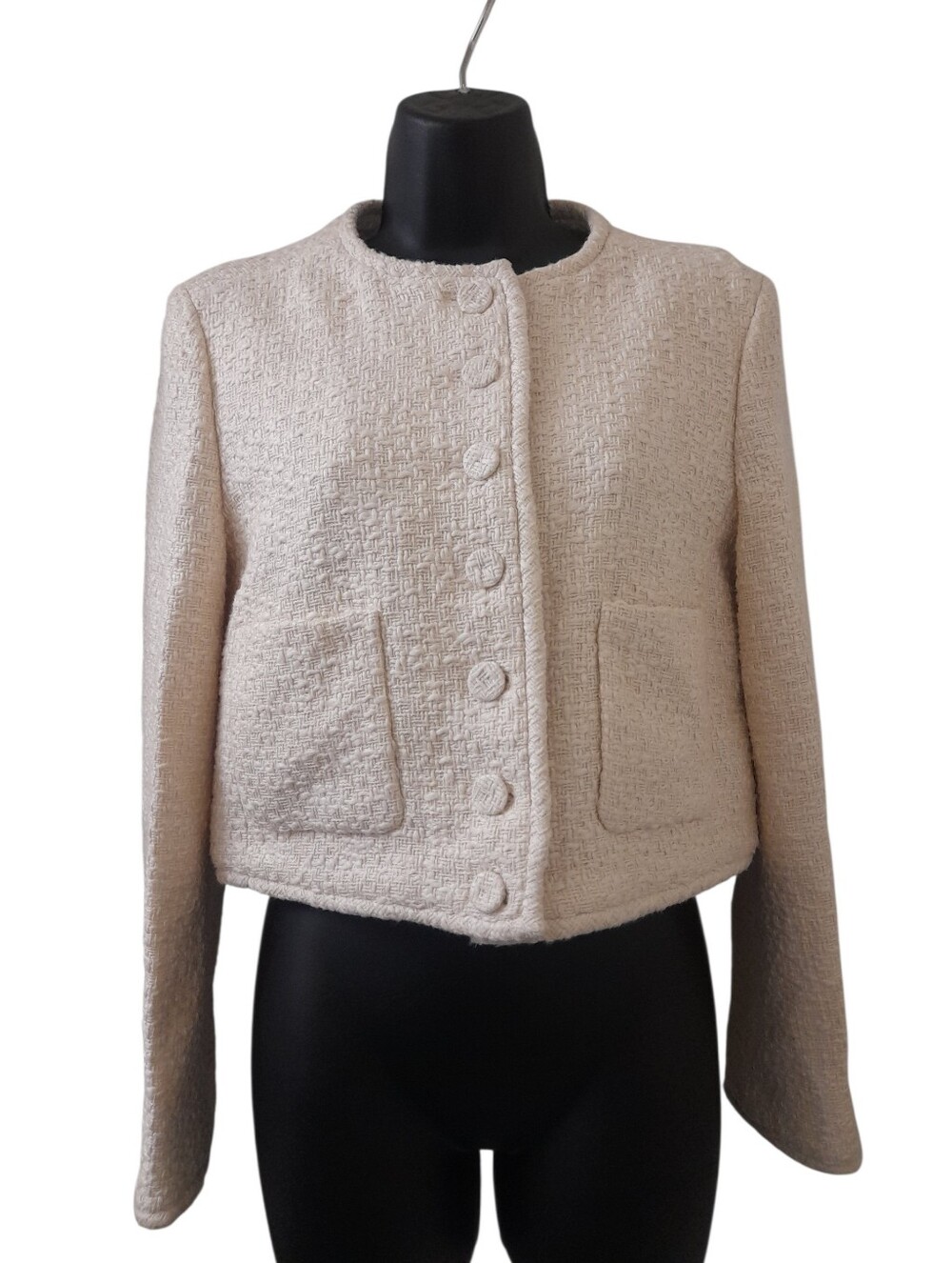 Another Tomorrow Cropped Textured Tweed Jacket